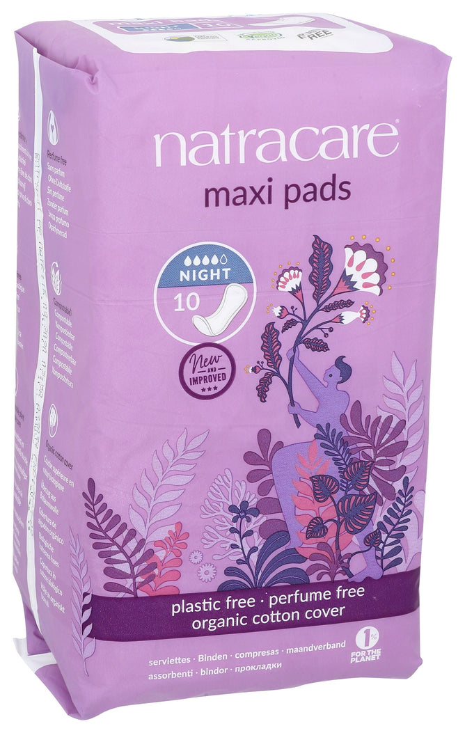Natracares Night Time Maxi Pads come in purple packaging with floral designs, ideal for night use. They feature an absorbent core, are plastic-free, perfume-free, and have an organic cotton cover.