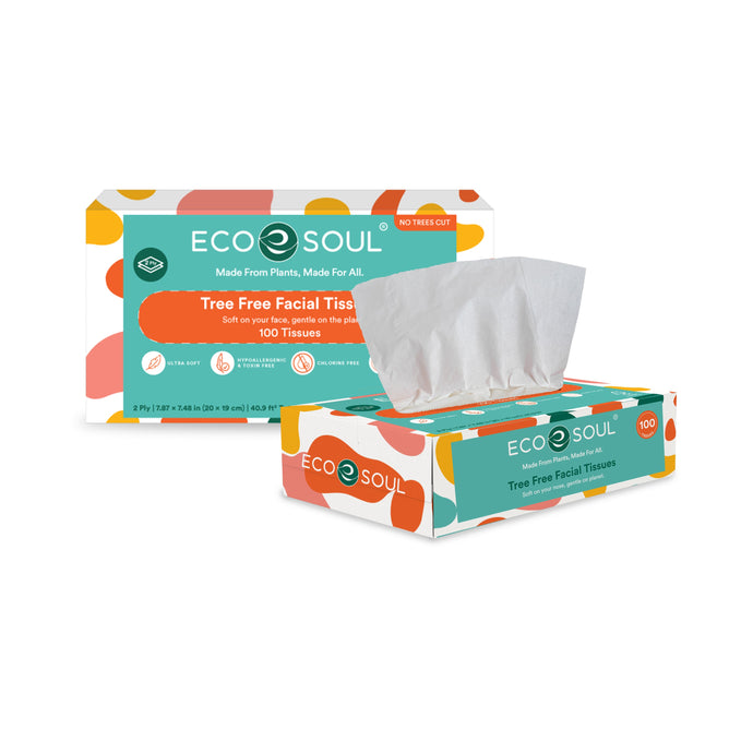 Two boxes of Eco Soul Tree Free Facial Tissues, ideal for sensitive skin, are shown; one open with pulled tissues. The packaging features orange, green, and white abstract designs emphasizing eco-friendly and plant-based materials from upcycled sugarcane fibers with 100 tissues per box.