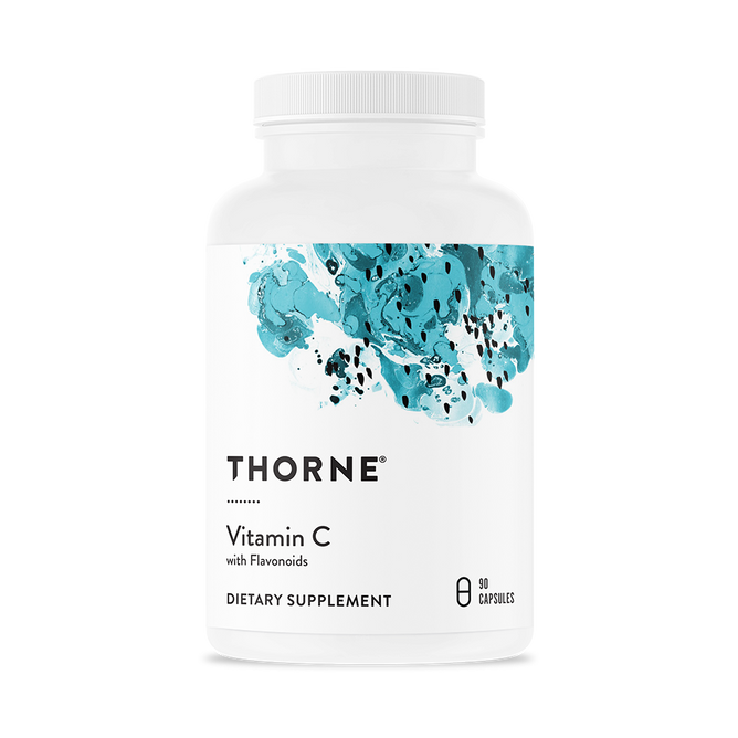 A white bottle labeled Thorne Vitamin C With Flavonoids (VIP Discount), featuring blue abstract art, contains 90 capsules for immune support and includes added citrus bioflavonoids.
