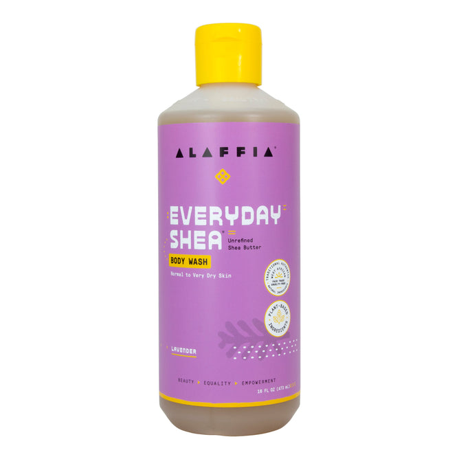 Alaffias Everyday Shea Body Wash, with its soothing lavender scent, features a purple and white label with yellow accents. The paraben-free formula is infused with shea butter for normal to very dry skin. It also has a vibrant yellow cap.