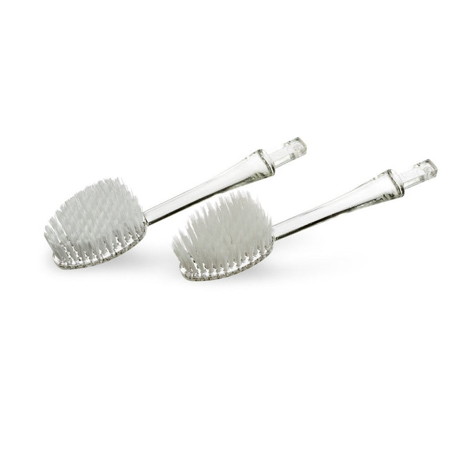 Two clear-handled bristle brushes with white bristles are parallel on a white background, highlighting an eco-friendly way to reduce plastic waste. These resemble Radiuss Source Replacement Heads, ideal for sustainable toothbrush replacements.