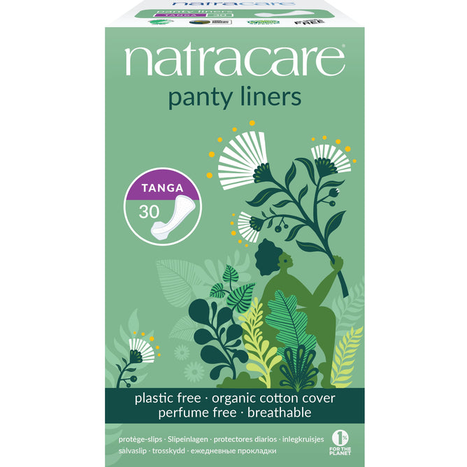 Natracare Panty Liner Tanga 30ct features a breathable organic cotton cover with a design of green leaves and white flowers. Its plastic-free and perfume-free for natural comfort.
