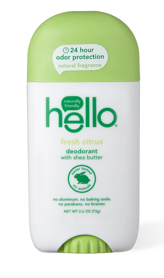 The hello Fresh Citrus Deodorant with Shea Butter features a refreshing scent from natural fragrances, offering 24-hour odor protection without aluminum, baking soda, or parabens. This green and white stick is cruelty-free, ensuring you feel good inside and out.