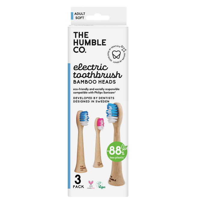 The Humble Co. Bamboo Replaceable Electric Toothbrush Heads, compatible with Philips Sonicare®, come in a set of three with colorful, BPA-free bristles. Designed in Sweden, they feature eco-friendly packaging, reduced plastic use, and vegan certification for a sustainable choice.
