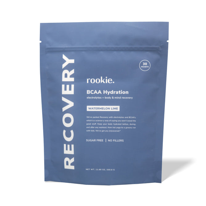 Rookie Wellness offers a blue pouch of Rookie Wellness Hydration Support + Electrolytes with BCAA in Watermelon Lime flavor. It features Sunflower fermented BCAAs, is sugar-free with no fillers, and provides 30 servings for optimal hydration and recovery.