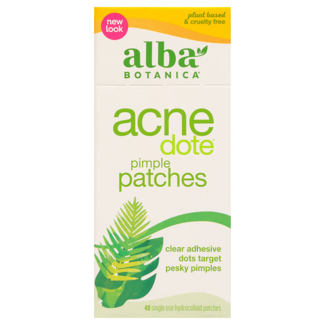 An image shows a box of Alba Botanicas Acnedote® Pimple Patches, made from hydrocolloid material. The white packaging features green text and a leaf illustration emphasizing plant based & cruelty free, containing 40 single-use invisible patches.