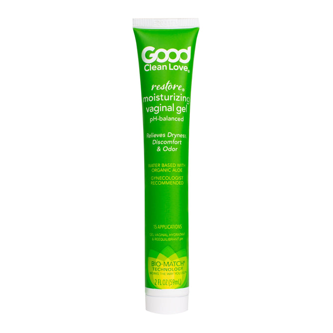 A green tube labeled Good Clean Love: Restore pH-Balancing & Moisturizing Vaginal Gel with white text promotes vaginal health with a pH-balanced formula to relieve dryness, discomfort, and odor. Contains 2 fl oz (57 ml) and features organic aloe for up to 15 applications.