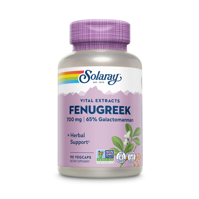 The Solaray Vital Extracts Fenugreek Veg Capsule, a dietary supplement aiding in milk production and digestive support, features 700 mg | 65% Galactomannan, Herbal Support, and 90 VegCaps on its label. Its Non-GMO, vegan, and sports a soothing lavender color scheme.