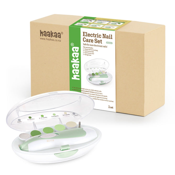 The Haakaa Electric Nail Care Set, featuring a polar bear motif, offers gentle nail care with a green and white trimmer. The packaging showcases the product name and images of the tool, and it includes interchangeable heads in a transparent case.