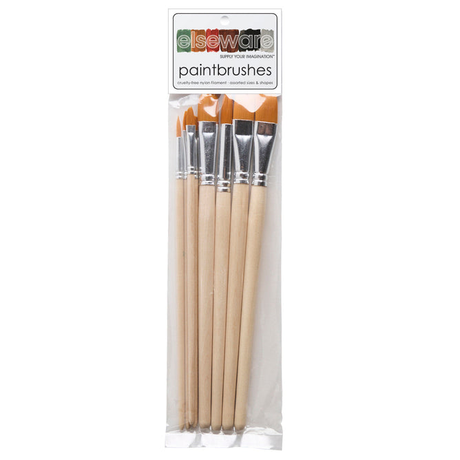 A clear plastic package of five paintbrushes features wooden handles and orange bristles, ideal for applying earth pigments. Labeled elseware Paintbrush Set, these brushes are non-toxic and durable.