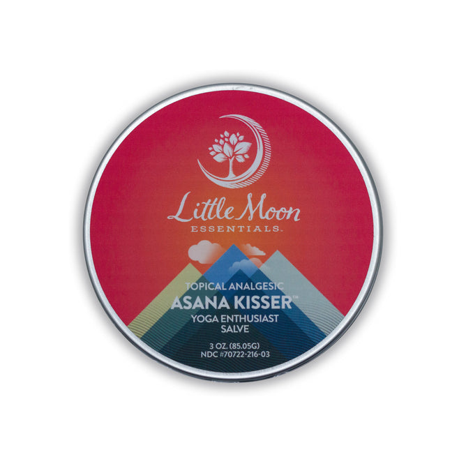 Round tin of Little Moon Essentials Asana Kisser™ - Pain Relief Salve, designed for yoga enthusiasts to soothe sore muscles; the label showcases a gradient backdrop with a crescent moon and plant logo, ensuring soothing relief.
