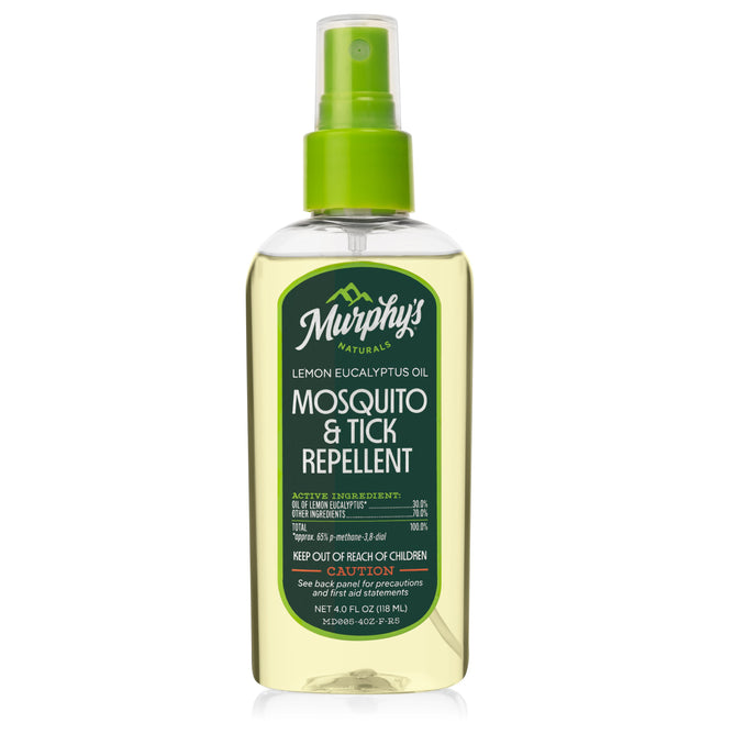 Murphys Naturals Insect Repellent Spray is a DEET-free mosquito and tick repellent in a spray bottle with a green label. Infused with lemon eucalyptus oil, the label advises keeping it away from children and includes safety instructions.
