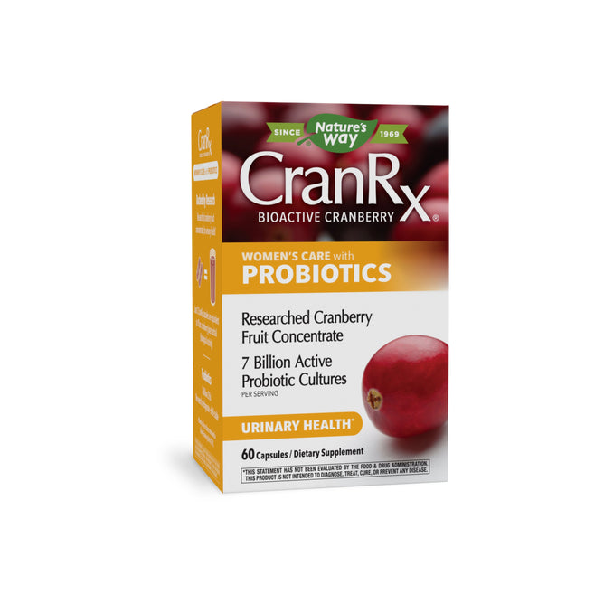 Natures Way CranRx® Womens Care with Probiotics delivers 7 billion cultures per serving. The orange and white box features cranberry imagery, emphasizing urinary health benefits through its researched cranberry fruit concentrate.