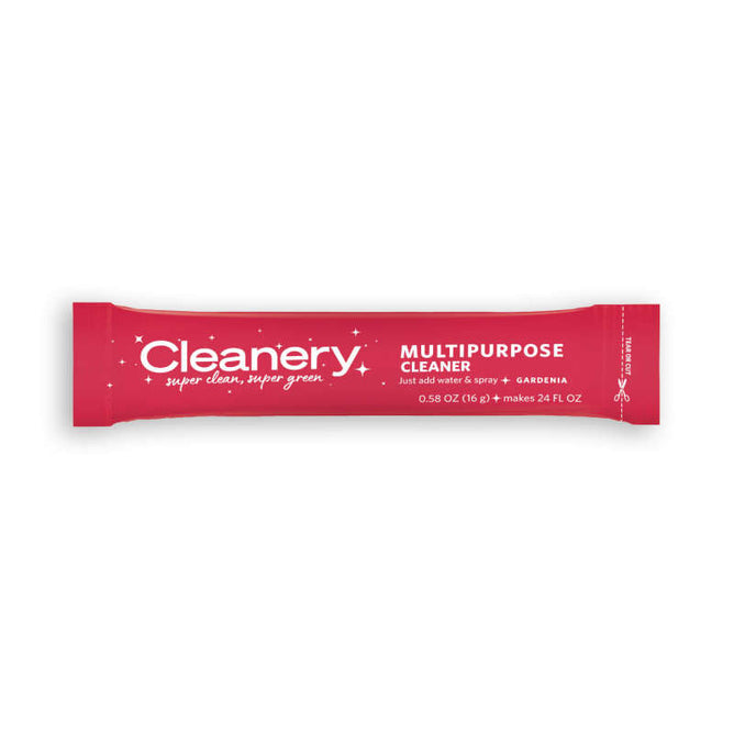 The red stick-pack Multipurpose Cleaner Refill from Cleanery, featuring white text and the slogan super clean, super green, offers a gardenia fragrance. This eco-friendly cleaners 0.58 oz transforms into 24 fl oz of a refillable solution when mixed with water.
