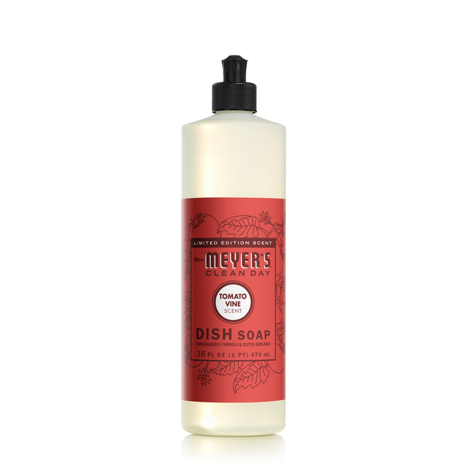 A 16 fl oz (473 mL) bottle of Mrs. Meyers Tomato Vine Dish Soap features a red label with tomato and leaf illustrations, plus a black cap.