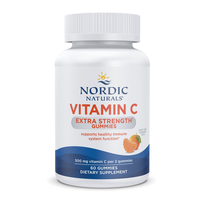 A white bottle labeled Nordic Naturals Vitamin C Extra Strength Gummies with an orange image declares supports healthy immune function. Sixty gummies offer 500 mg of Vitamin C per 2-gummy serving, rich in antioxidants.