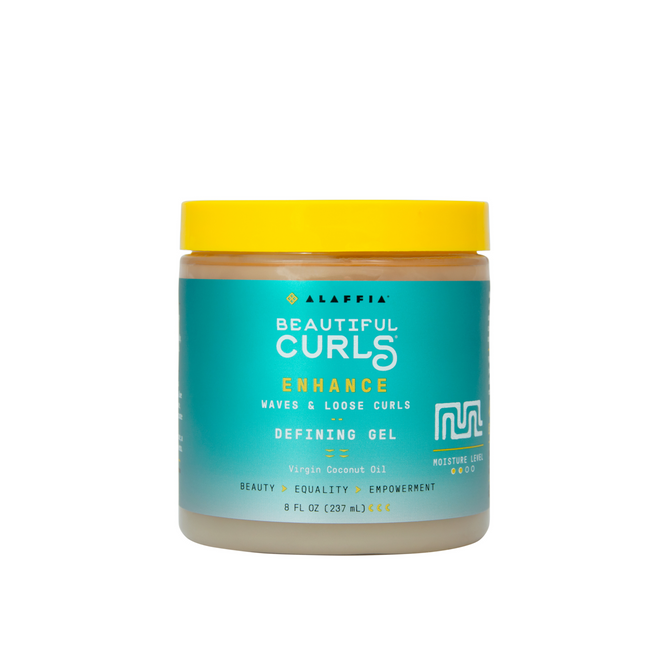 The Beautiful Curls Curl Defining Gel by Alaffia features a turquoise label and yellow lid, focusing on natural curls. It reduces frizz, enhances waves and loose curls, includes virgin coconut oil, and is available in an 8 fl oz (237 ml) jar.