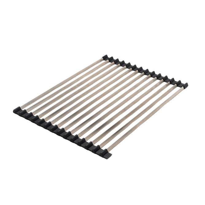 The HAPPY SiNKS Dish Drying Rack, featuring stainless steel rods and black rubber ends, is a foldable solution for drying dishes or produce. Designed to sit over the sink, its evenly spaced rods allow water to drain through efficiently.
