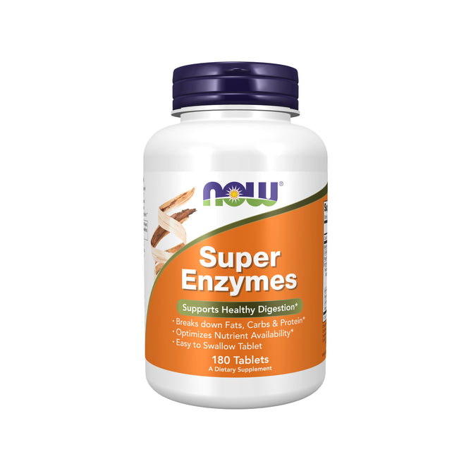 A white bottle with an orange label features Super Enzymes - Supports Healthy Digestion by NOW Foods. It promotes digestive enzyme benefits and contains 180 tablets, showcasing images of wheat and a digestive system diagram.