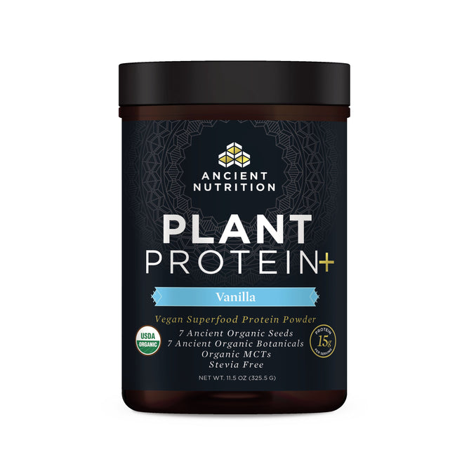 Ancient Nutritions Plant Protein+ in vanilla offers plant-based protein with 7 ancient seeds, botanicals, and organic MCTs for fat metabolism support. This 11.5 oz vegan, USDA organic product is stevia-free and highlights superfood seeds on its label.