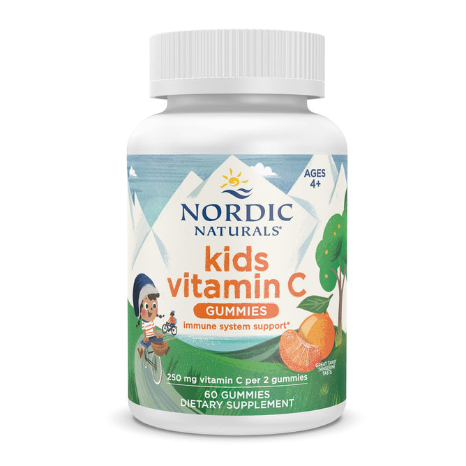 Nordic Naturals Kids Vitamin C Gummies, suitable for ages 4+, boost immune health. The label shows a child on a scooter with bright orange and mountain illustrations. Each bottle contains 60 gummies, providing 250 mg of vitamin C per two-gummy serving.