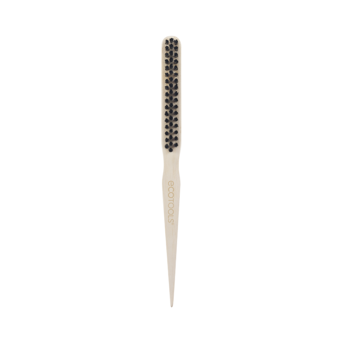 The EcoTools Eco Slick Back Brush features a renewable bamboo handle with ecotools in green, slim design, and black widely spaced bristles for styling and detangling—perfect for eco-friendly grooming lovers.