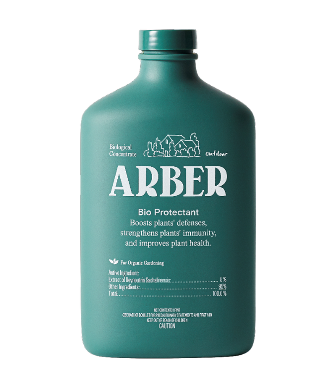 The green bottle labeled Bio Protectant Concentrate by Arber is a 3-in-1 fungicide, immunity booster, and nutrient formulated for outdoor use. It enhances plant immunity and growth with 5% Reynoutria sachalinensis extract, perfect for organic gardening. Warnings and usage instructions are at the bottom.