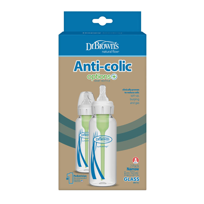 A box of Dr. Browns Natural Flow® Anti-Colic Options+™ Glass Baby Bottles includes two narrow, 8-oz bottles with white caps and green inserts. Featuring a breast-like nipple design, these pediatrician-recommended bottles help reduce colic, spit-up, burping, and gas.