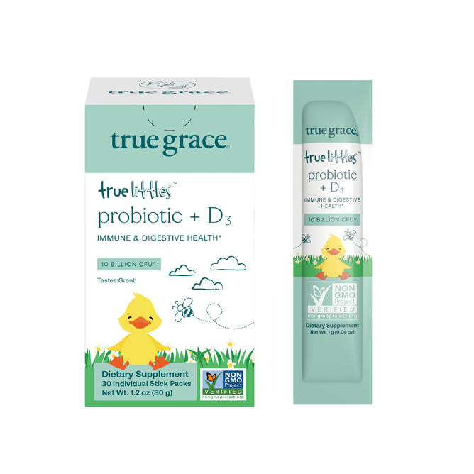 A box and single packet of True Graces True Littles™ Probiotic + D3 supplement feature a cheerful yellow duckling, green grass, and Non-GMO Project Verified seals, promoting immune and digestive health by nurturing a childs developing microbiome.