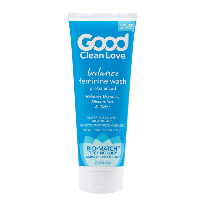 The Balance Moisturizing Wash by Good Clean Love, in a blue 8 fl oz (236 ml) tube, uses the Bio Match™ formula with organic aloe. This pH-balanced botanical feminine wash alleviates dryness, discomfort, and odor, and is gynecologist recommended.