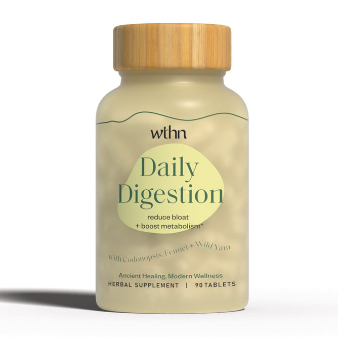 A bottle of WTHNs Daily Digestion - Reduce Bloat + Boost Metabolism tablets includes 90 tablets that aid digestion, featuring an herbal blend with codonopsis, fennel, and wild yam to reduce bloat and boost metabolism.