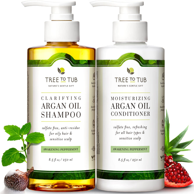Two bottles of Tree To Tub, Peppermint & Tea Tree Shampoo and Conditioner for Oily Hair (8.5 fl oz each), ideal for oily care, sulfate-free, peppermint scented. Features argan oil visuals with leaves and peppermint accentuating the soothing shampoo experience.