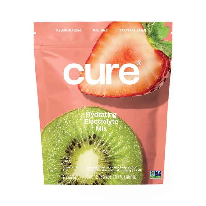 Cure Hydrations Hydrating Electrolyte Drink Mix comes in a pink pouch with kiwi and strawberry images, offering rapid absorption. It is No Added Sugar, Non-GMO, and 100% Plant-Based, making it perfect for hydration and relieving dehydration.