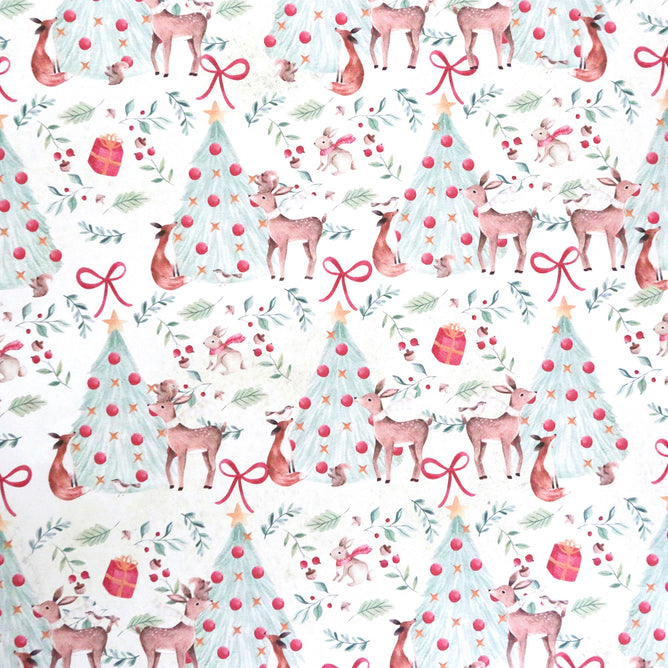 The Waterleaf Paper Companys Dissolvable Wrapping Paper features a festive pattern with watercolor illustrations of deer, foxes, pine trees with red baubles, and wrapped gifts. Adorned with holly, berries, and red bows, this whimsical holiday theme is perfect for eco-friendly wrapping.