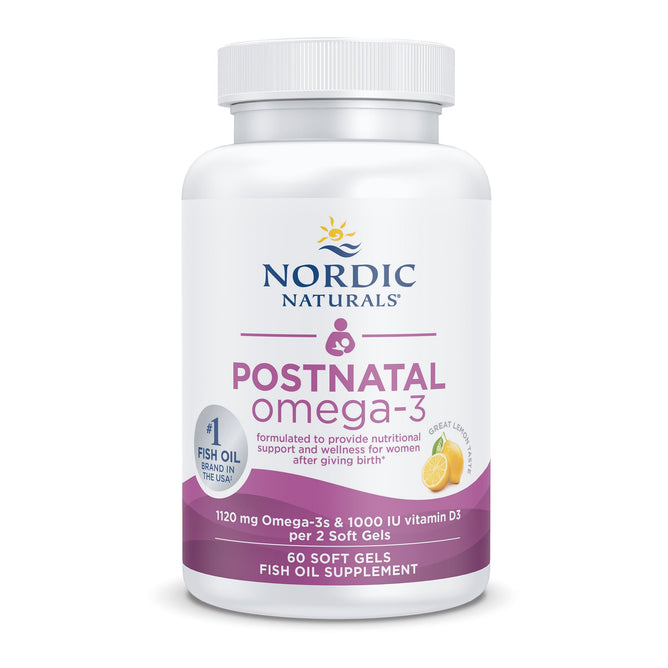 A white Nordic Naturals Postnatal Omega-3 bottle with 60 soft gels offers EPA+DHA, vitamin D3, and fish oil for postnatal care. Made in the USA, it features a lemon icon for flavor.