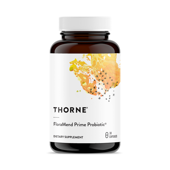 The Thorne FloraMend Prime Probiotic® for gut health includes 30 capsules, features a white label with abstract yellow and orange artwork, and prominently displays the brand name.