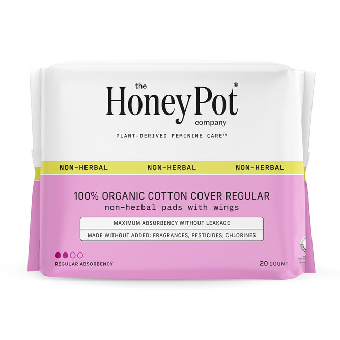 A pack of 20 ultra-absorbent, hypoallergenic regular pads from The Honeypot Company features a 100% organic cotton cover for no leakage. The white and pink packaging ensures these pads have no added fragrances, pesticides, or chlorines.