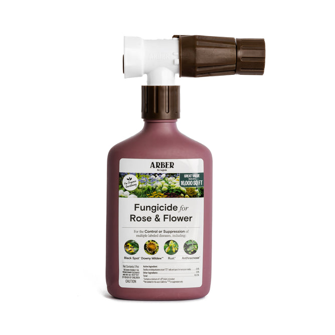 The Organic Fungicide for Roses and Flowers, RTS by Arber features a brown and white spray nozzle. It protects against diseases like Black Spot, Downy Mildew, and Powdery Mildew, housed in a maroon container.