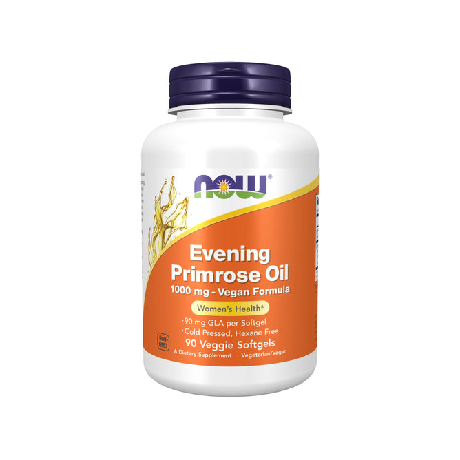 A white bottle with a dark blue lid labeled Evening Prim Oil Vegan Formula 1000mg by NOW Foods. It highlights Womens Health, offering 90 mg gamma linolenic acid (GLA), an omega-6 fatty acid, per cold-pressed, hexane-free softgel. Contains 90 veggie softgels.
