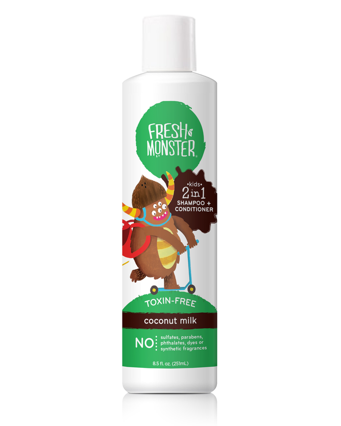 Fresh Monsters Kids Shampoo & Conditioner 2in1 features a coconut milk scent and a dinosaur on a scooter in green and brown packaging. Its hypoallergenic, toxin-free, sulfate-free, paraben-free, and synthetic fragrance-free.