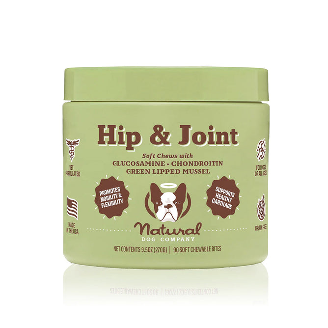 Natural Dog Company offers a green container of Hip & Joint Supplement for Dogs with 90 soft chews containing glucosamine, chondroitin, and green-lipped mussel to promote mobility and joint health.