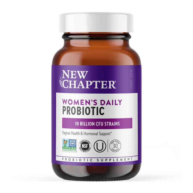 A brown bottle of New Chapter Womens Daily Probiotic features a purple label emphasizing 10 Billion CFU Strains for vaginal ecosystem health and hormone balance. It supports vaginal health, is non-GMO, NSF-certified, and vegetarian-friendly.