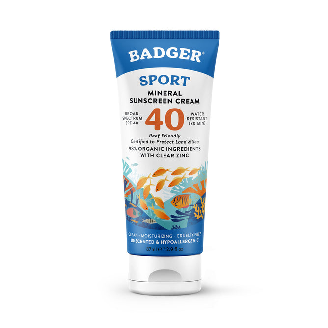 The Badger Balm Sport Mineral Sunscreen Cream offers broad-spectrum SPF 40 protection in a blue and white, unscented tube. Its reef-friendly, water-resistant for 80 minutes, hypoallergenic, cruelty-free, and features clear zinc with 98% organic ingredients in an 87 ml size for reliable coverage.