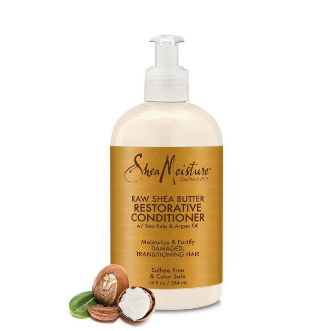 The SheaMoisture Raw Shea Butter Restorative Conditioner with Sea Kelp and Argan Oil moisturizes and strengthens dry, damaged hair. Its sulfate-free, color-safe, and features images of shea nuts and argan nuts on the label.