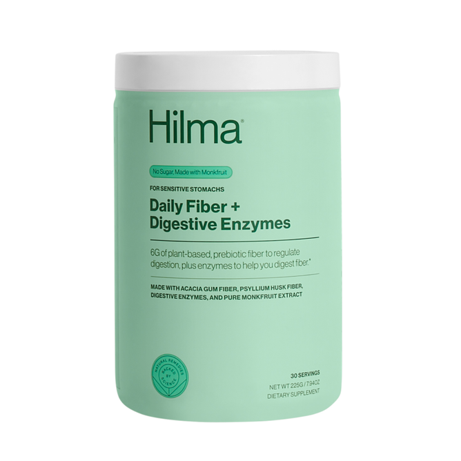 Hilmas Daily Fiber + Digestive Enzymes supplement in green packaging contains 6g of plant-based, prebiotic fiber and digestive enzymes for optimal digestion. Ideal for sensitive stomachs, the label indicates it offers 30 servings.