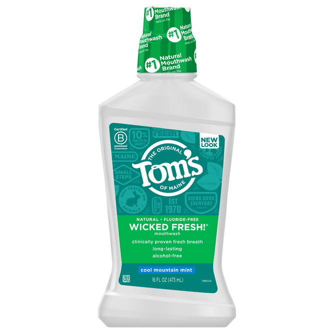 Toms of Maine Wicked Fresh Mouthwash, in Cool Mountain Mint flavor, comes in 16 fl oz (473 mL) white and green packaging. Its naturally derived, fluoride-free, vegan, alcohol-free, and designed for fresh breath.