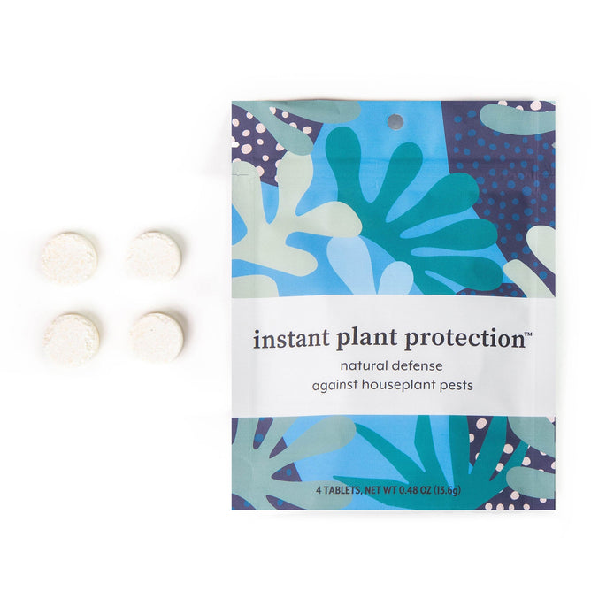 The Instant Plant Protection by Instant Plant Food includes four round peppermint pest control tablets (0.48 oz/13.6g). The packaging, adorned with abstract blue and green leaf designs, promotes a natural defense against houseplant pests.