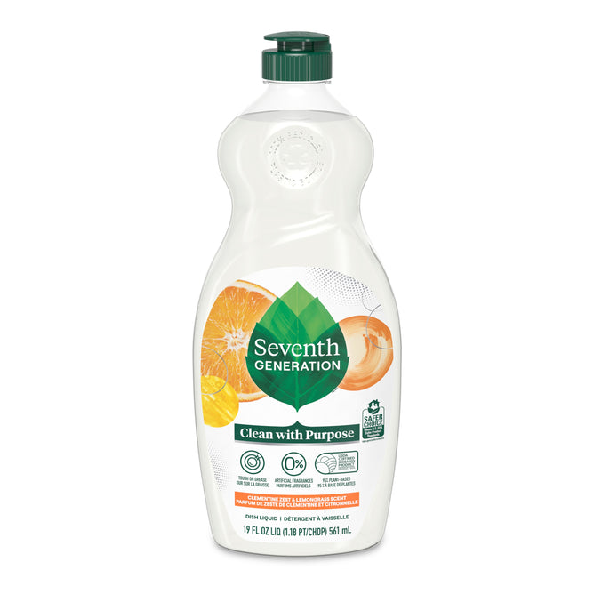 A 19 fl oz (561 ml) bottle of Seventh Generation Dish Soap with a green cap features citrus and ginger graphics on its label, highlighting eco-friendly attributes such as plant-based ingredients and USDA-certified biobased content.