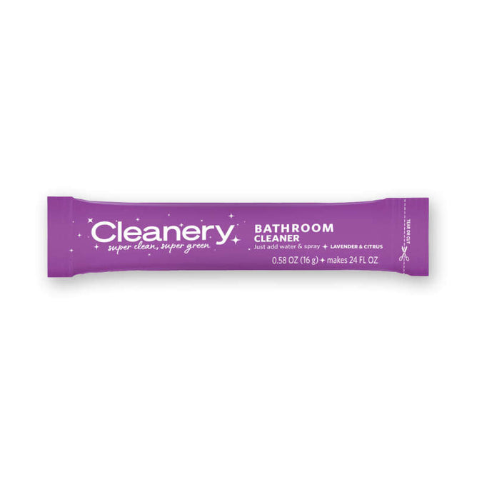 A purple packet of Cleanery Bathroom Cleaner Refill is eco-friendly and refillable. At 0.58 oz, it creates a 24 fl oz solution with refreshing lavender and citrus scents, promoting super clean, super green.
