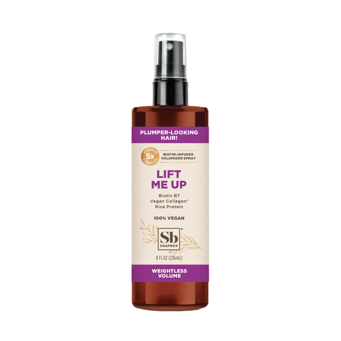 Soapboxs Lift Me Up Biotin-Infused Volumizer Spray features biotin B7, vegan collagen, and rice protein. This 8 fl oz (237 mL) bottle is 100% vegan and designed to provide weightless volume for plumper-looking hair.